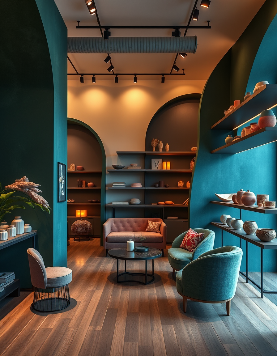 Interior Design idea: AI interior design, cohesive furniture layout decor and lighting, photorealistic interior render, Bold contemporary Ukrainian design store. Deep moss 