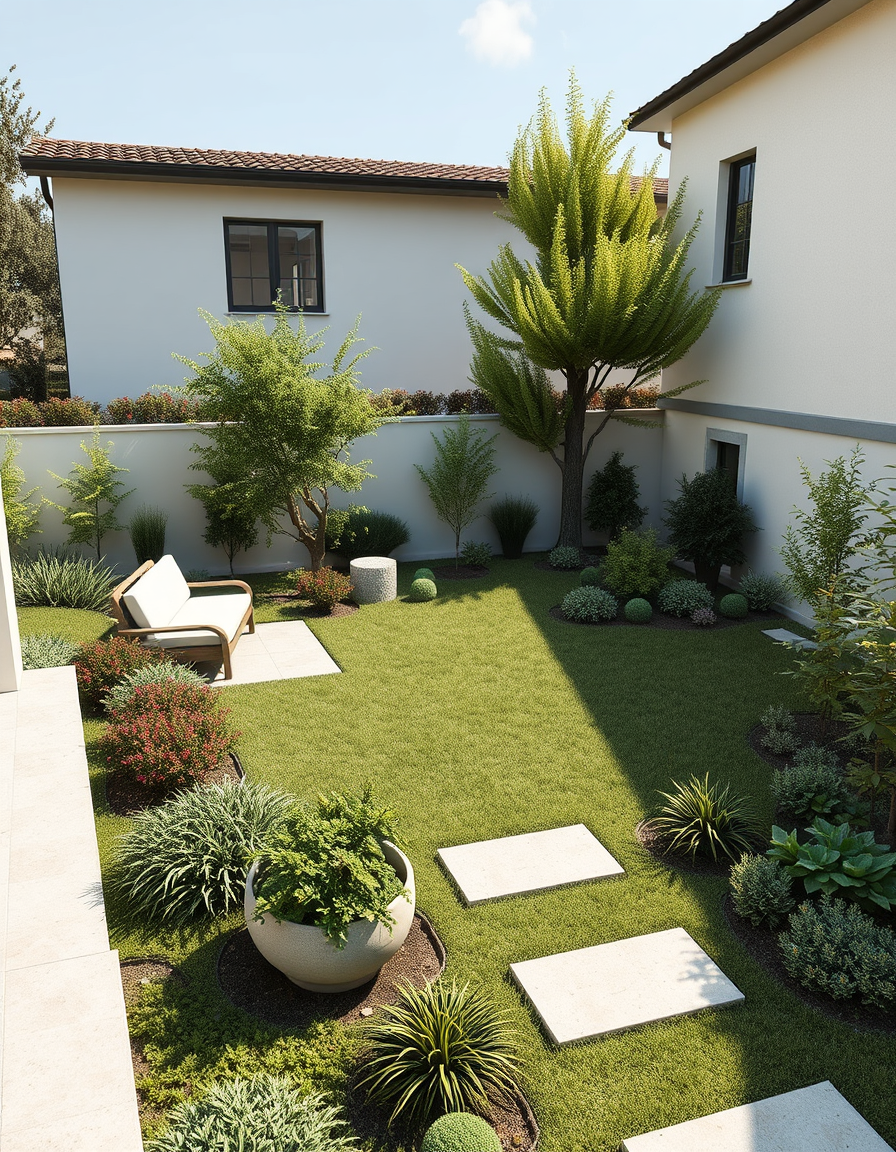 Garden Design idea: AI garden design, lush landscaped yard, plants pathways and seating, photorealistic render, Come garden designer / paesaggista realizza il restyling d