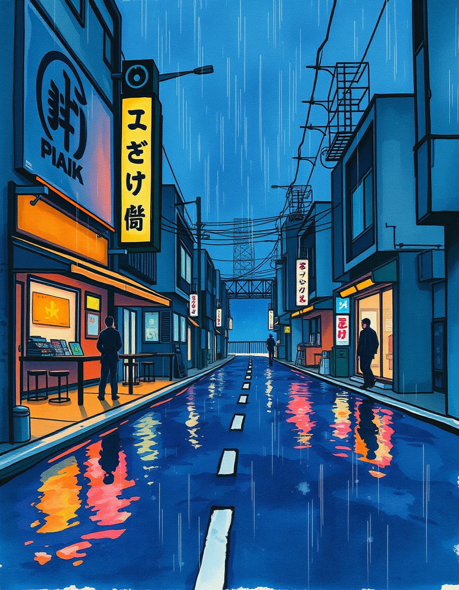 Main painting studio: Square album cover, artistic Japanese city-pop record sleeve. Late-night Japanese city after rain, wet asphalt reflecting indigo, violet, cyan and war