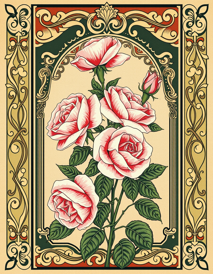 Art Nouveau idea: art nouveau illustration, flowing organic lines, decorative panel borders, ornamental floral motifs, a botanical illustration of roses in an art nouve