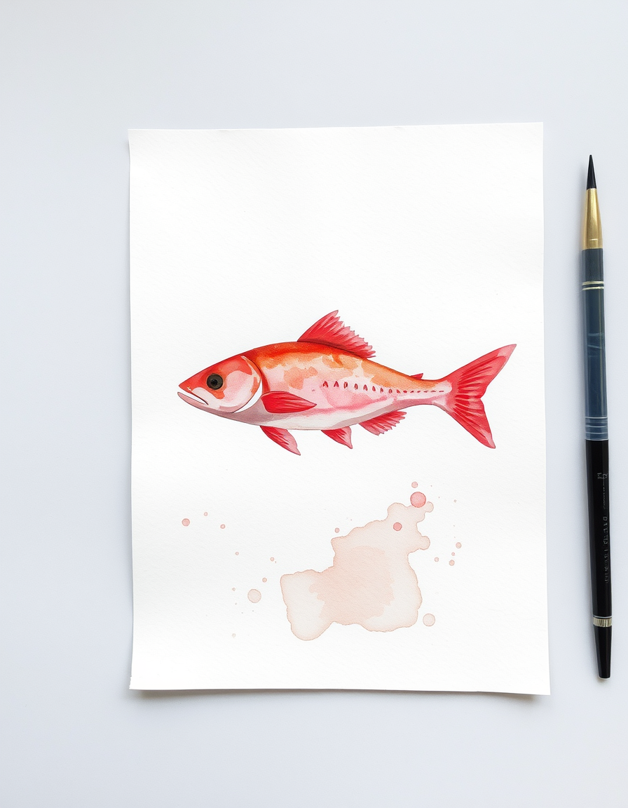 Watercolor idea: watercolor painting, soft transparent washes, wet-on-wet bleeds, paper texture visible, A Salmon , delicate watercolor illustration, hand-painted feel