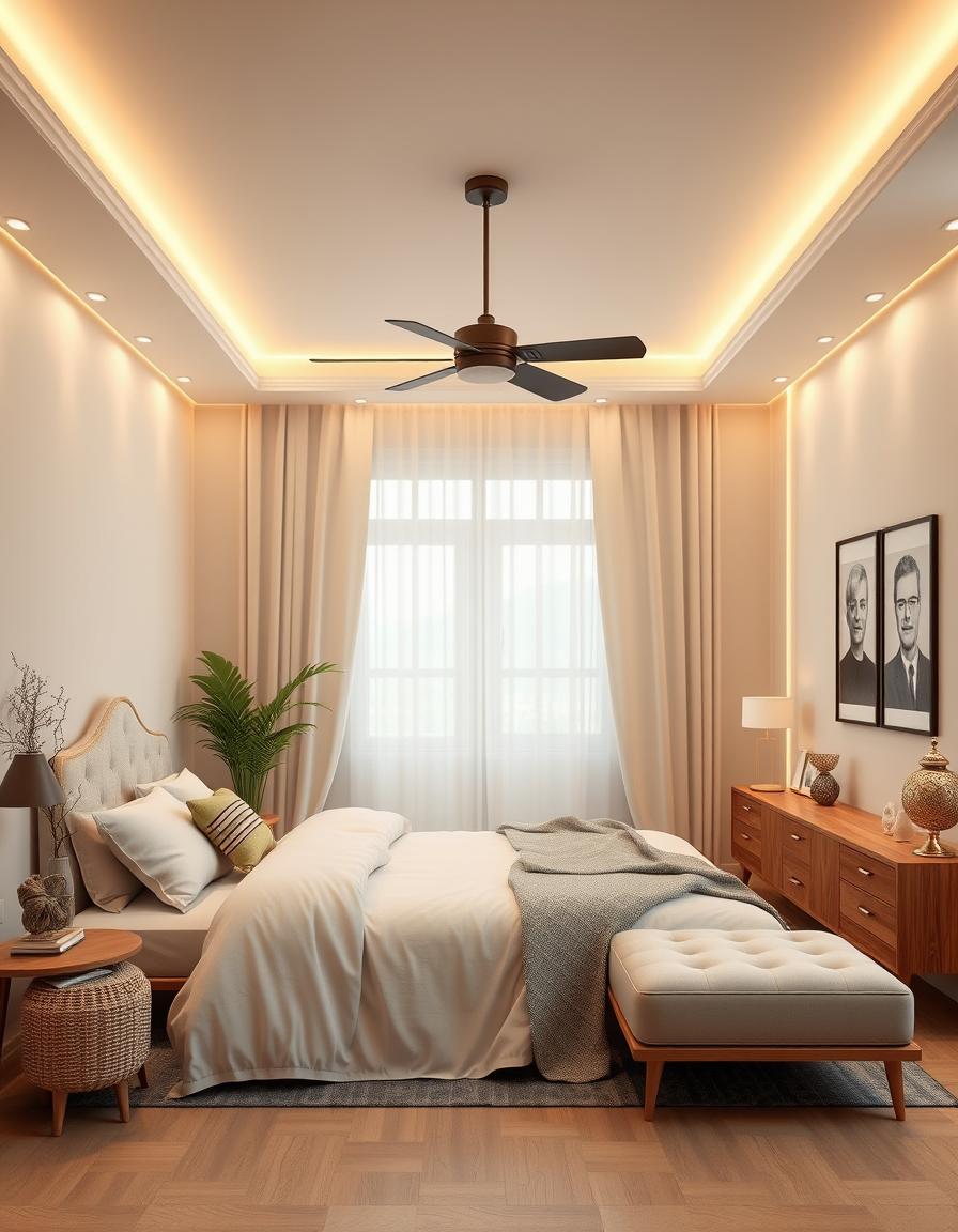 Interior Design idea: AI interior design, cohesive furniture layout decor and lighting, photorealistic interior render, A master bedroom with warm interior and cute designs