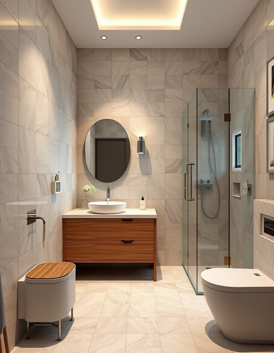 Bathroom Design idea: AI bathroom design, tiled surfaces vanity and fixtures, photorealistic interior render, 廁所右邊為企缸, 地下為黑色,牆身分兩色,上半為中灰色,下半為深灰色 , bathroom remodel visualiz