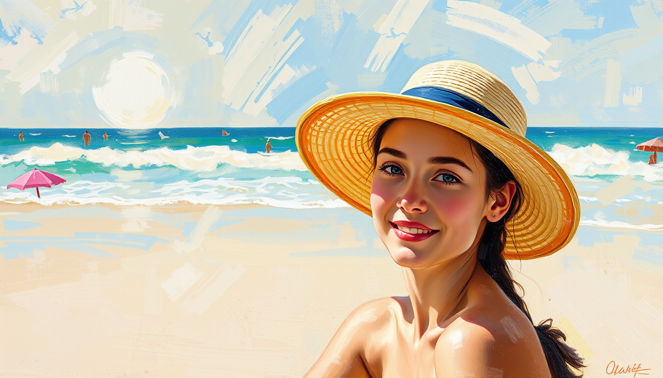 Photo To Paintings idea: painting from the photo, rich brushstrokes, painterly texture, summer beach , fine-art painting portrait