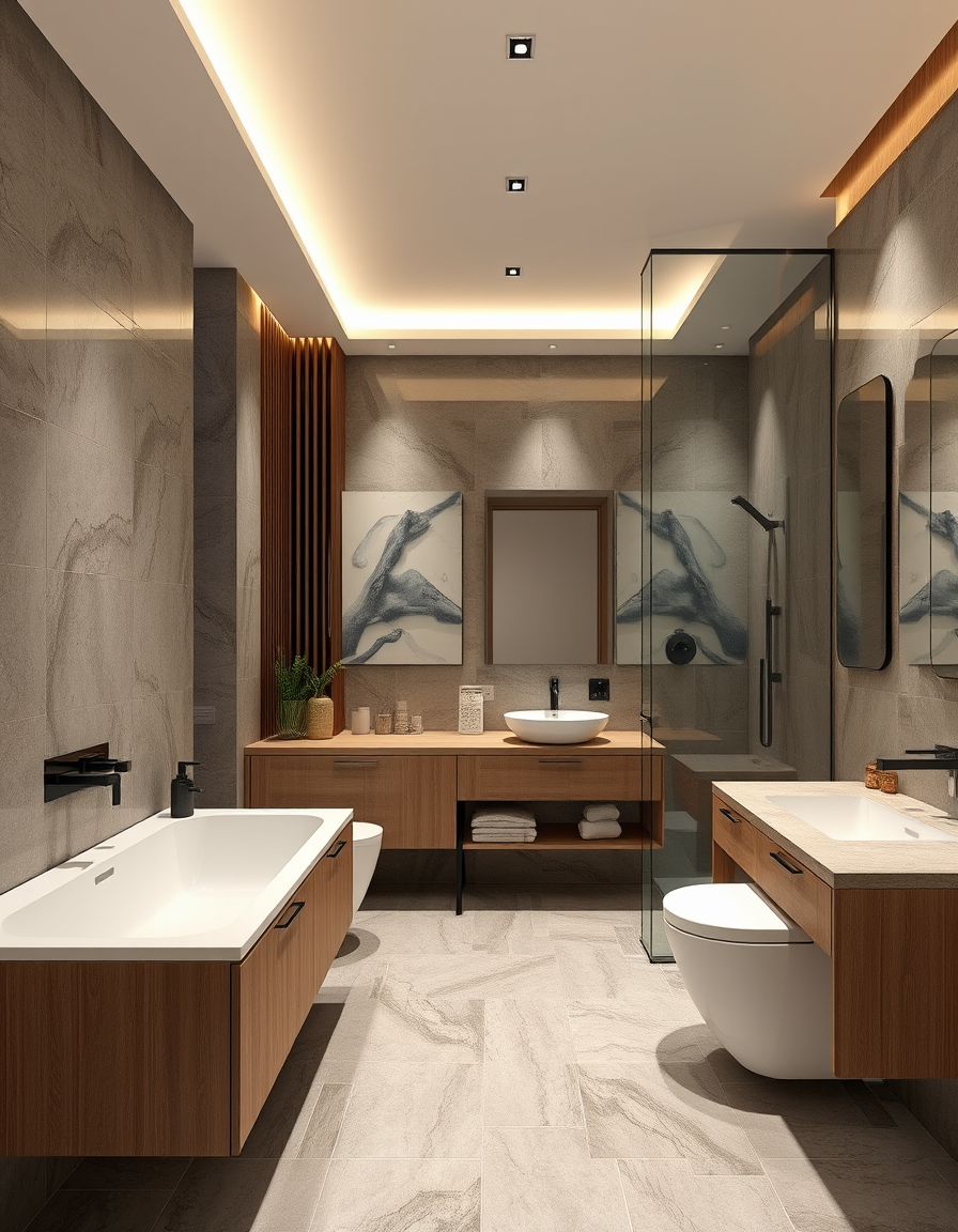 Bathroom Design idea: AI bathroom design, tiled surfaces vanity and fixtures, photorealistic interior render, 藍色壁磚浴室 現代風 微奢華 , bathroom remodel visualization