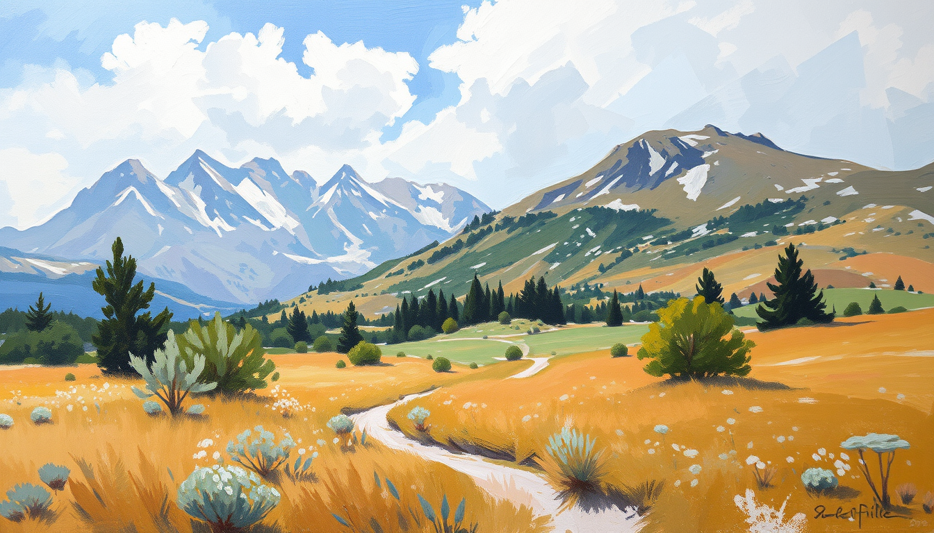 Turn Photo Into Paintings idea: painting from the photo, expressive brushwork, painterly rendering, Un paysage impressionniste peint à l'huile , framed fine-art painting