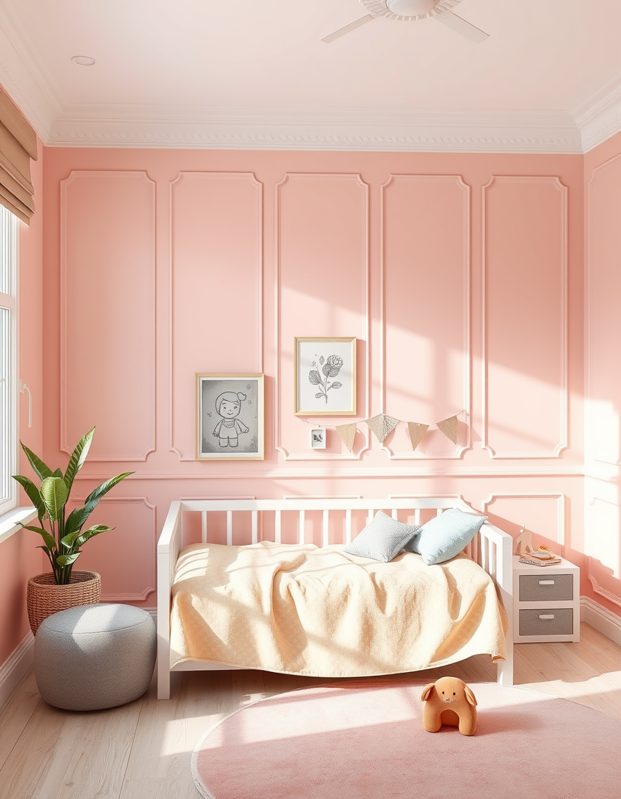 Paint Color idea: room repainted in a new wall color from the photo, accurate paint finish, photorealistic interior render, ein Kinderzimmer in sanftem Rosé mit weißen 