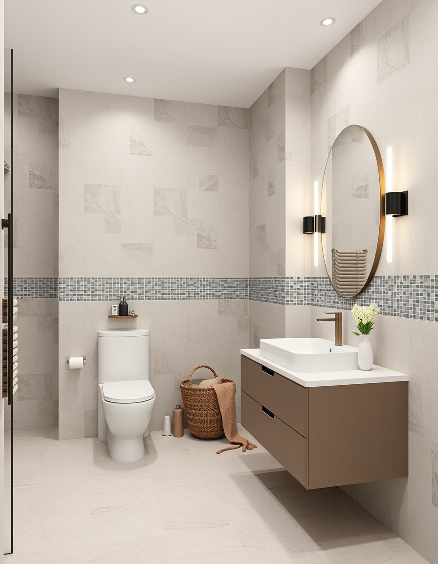 Bathroom Design idea: AI bathroom design, tiled surfaces vanity and fixtures, photorealistic interior render, Modern minimal master bathroom with shower/toilet room , bathr