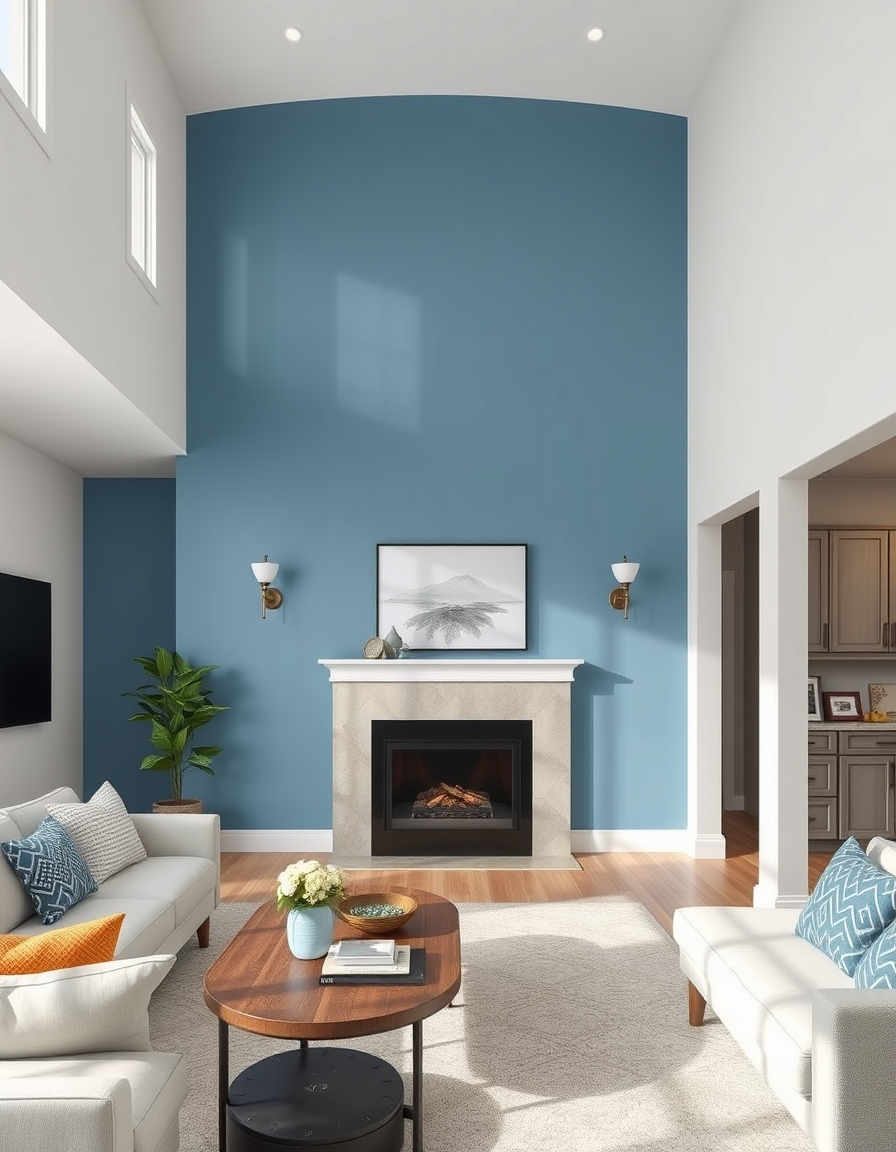 Paint Color idea: room repainted in a new wall color from the photo, accurate paint finish, photorealistic interior render, Family room/kitchen combined , paint color v