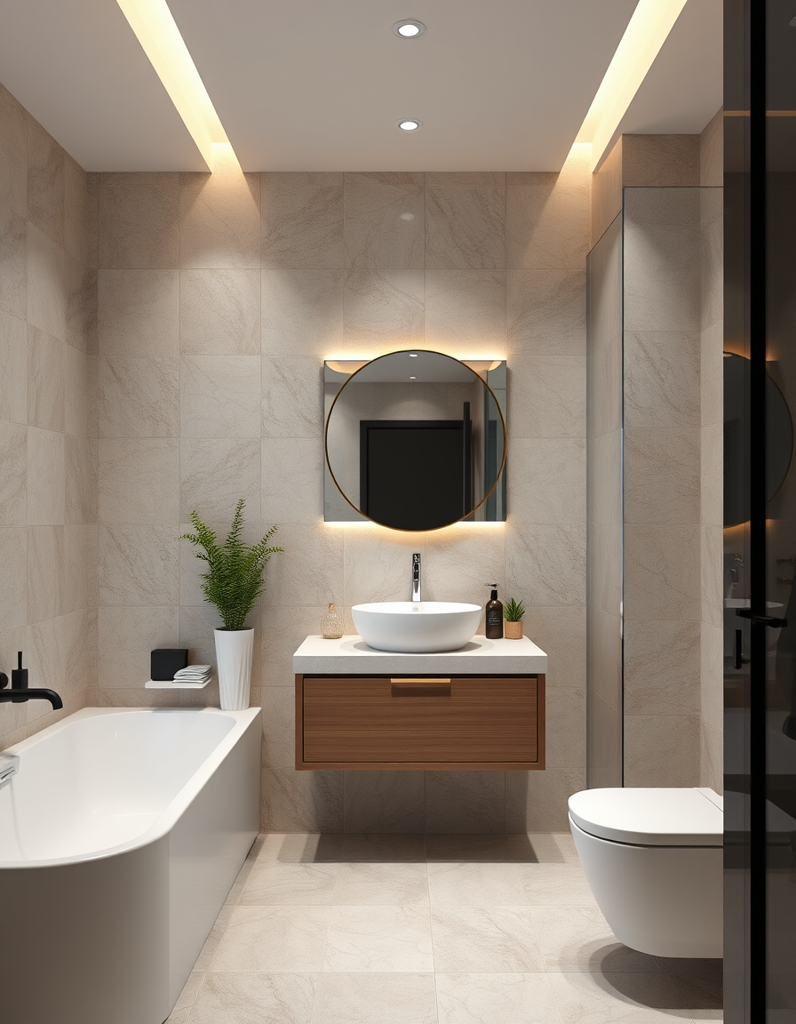 Bathroom Design idea: AI bathroom design, tiled surfaces vanity and fixtures, photorealistic interior render, 地下黑色石板,牆身色為上半淺灰色,下半深灰色 , bathroom remodel visualization