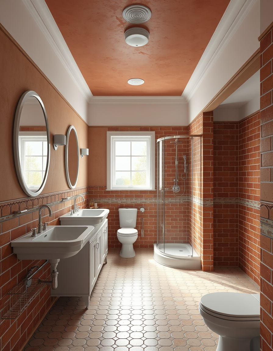 Bathroom Design idea: AI bathroom design, tiled surfaces vanity and fixtures, photorealistic interior render, Long narrow bathroom, with a shower at the far end. faded bric