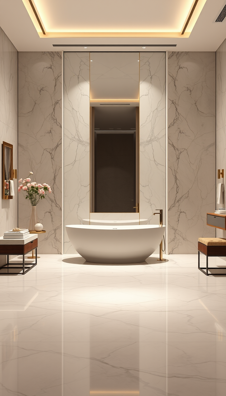 Interior Design idea: AI interior design, cohesive furniture layout decor and lighting, photorealistic interior render, Spacious luxury modern bathroom, large floor-to-ceil