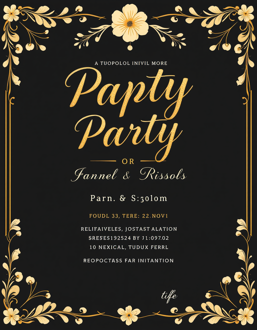Invitation idea created from the prompt: party invitation design, festive layout, decorative border, space for event details, a wedding invitation with gold script lettering and ivo