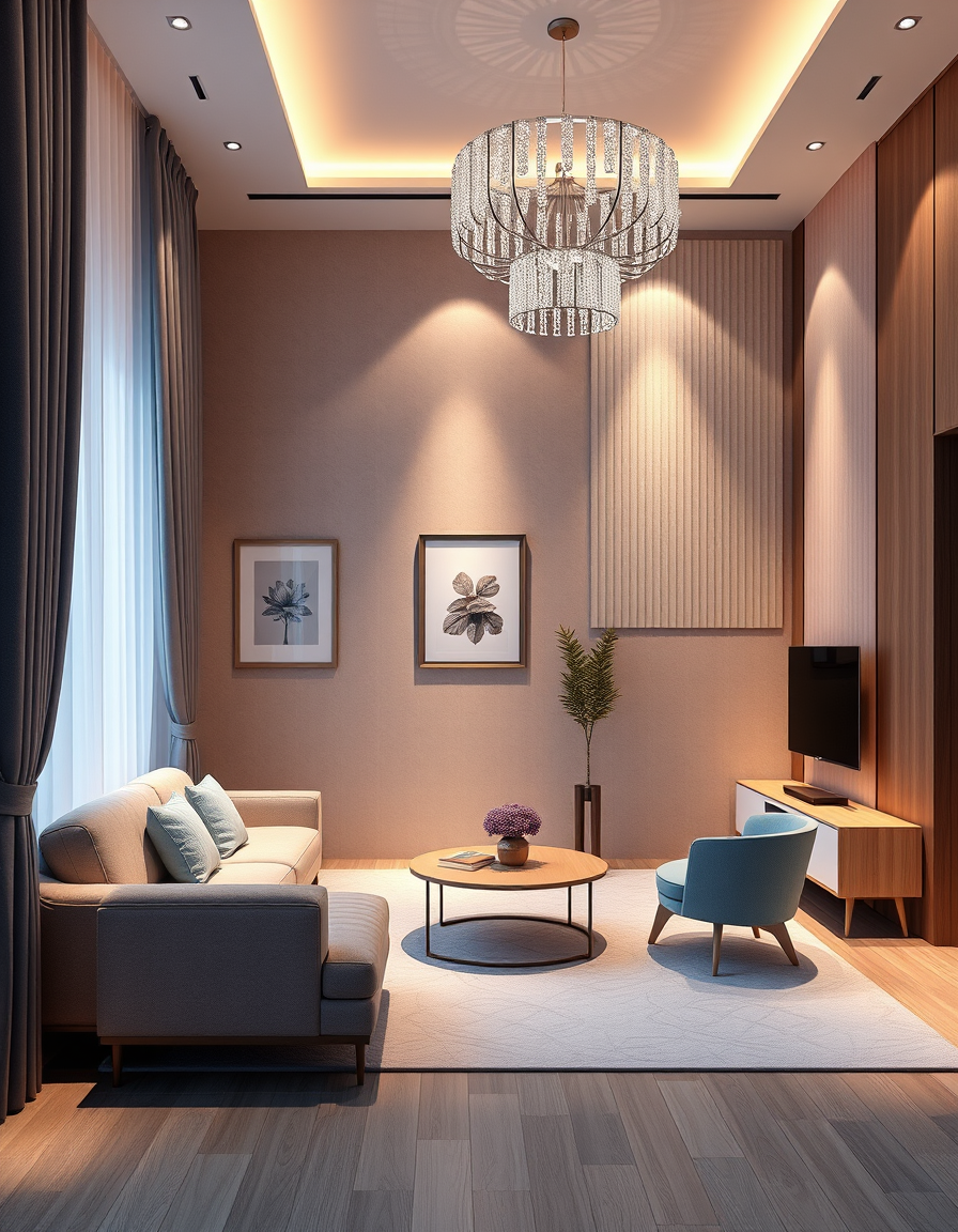 Room Design idea: AI room design, full room layout furniture and lighting, photorealistic interior render, 빛의 변화로 감까을 깨우는 아파트 공간으로 투영성: 색이 빛에 의해 반사되면서 다채로워지고 투명성: 투명 정도