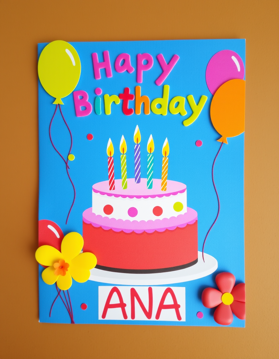 Main painting studio: make me colourful birthday card for ANA.Put pictures of colourful baloons and a bd cake with 8 candles