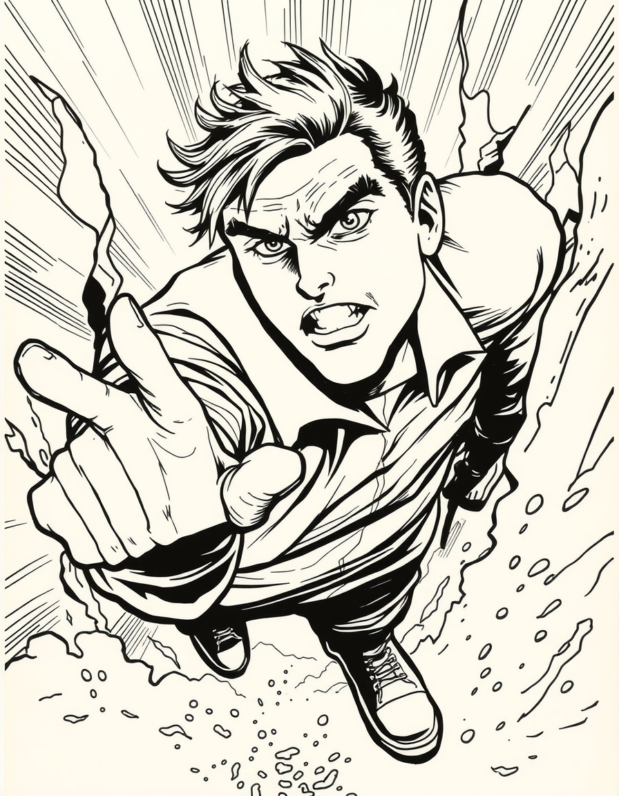 Comic Art idea: comic art, bold ink lines, halftone shading, dynamic composition, Rudi geht schwimmen , graphic novel illustration, comic panel ready