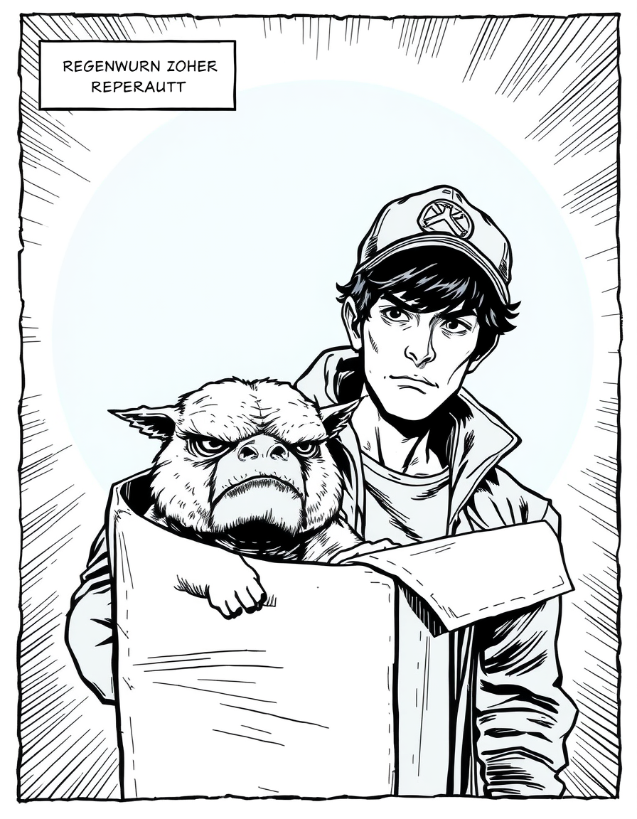 Comic Art idea: comic art, bold ink lines, halftone shading, dynamic composition, ein junger Mann mit dunkelbraunen Haaren und einem Cap geht mit einem traurig schaue