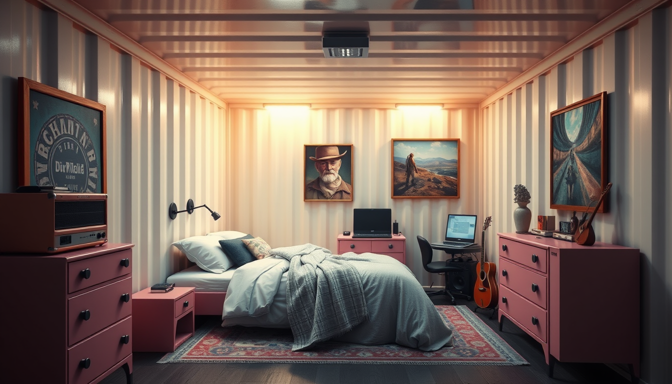 Room Design idea: AI room design, full room layout furniture and lighting, photorealistic interior render, inside of a cargo container designed for a solo military of t