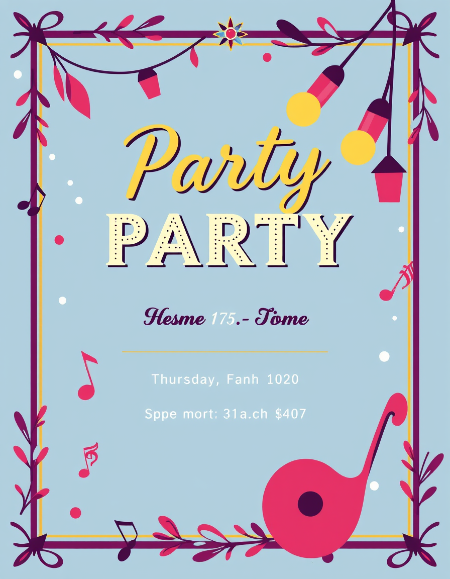 Invitation idea: party invitation design, festive layout, decorative border, space for event details, Make a editable Invitation card in good way with music , printabl