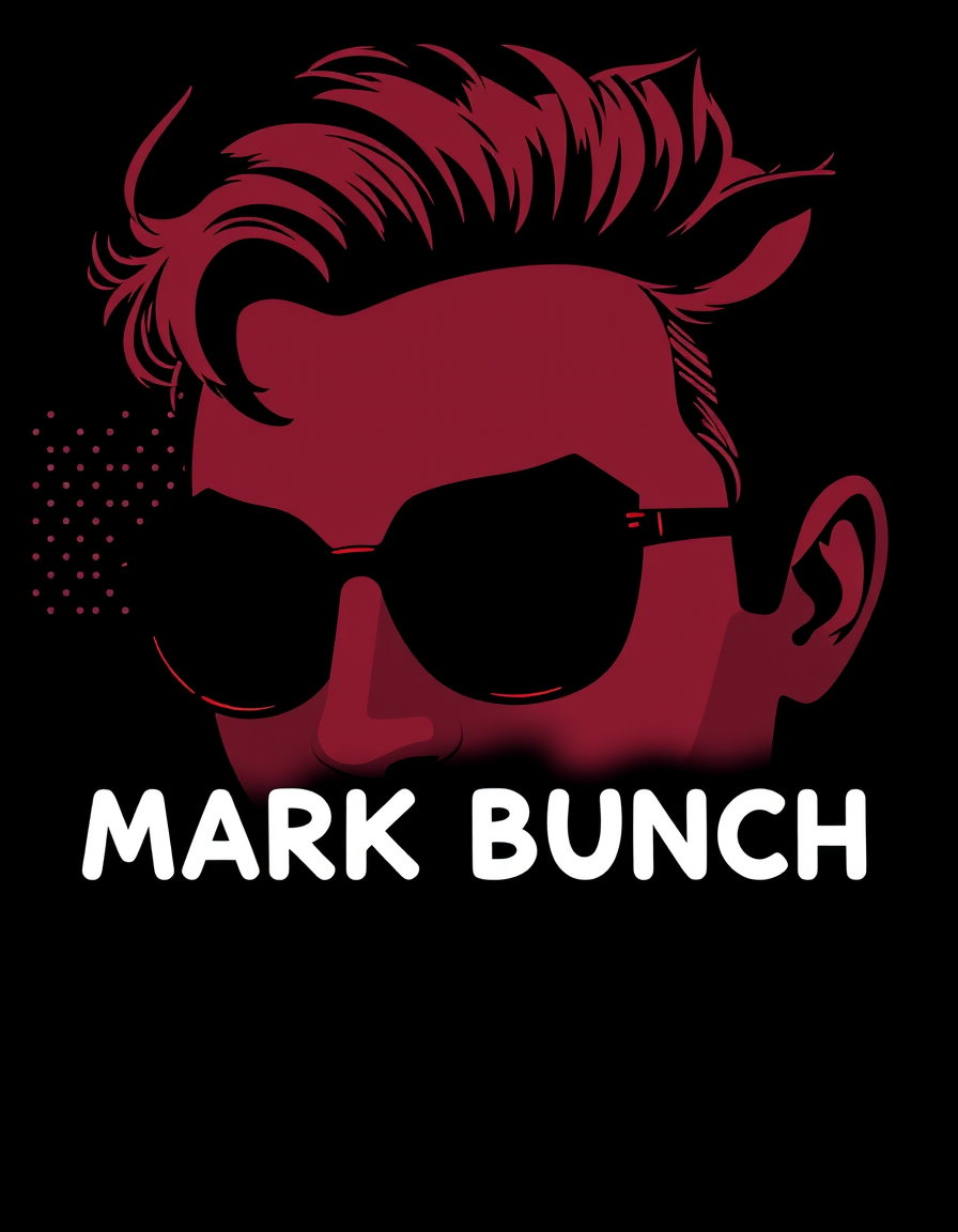 Pop Art idea: pop art style, bold flat colors, Ben-Day dots, comic-book half-tone, high-contrast subject, The name MARK BUNCH on a all black background , inspired b