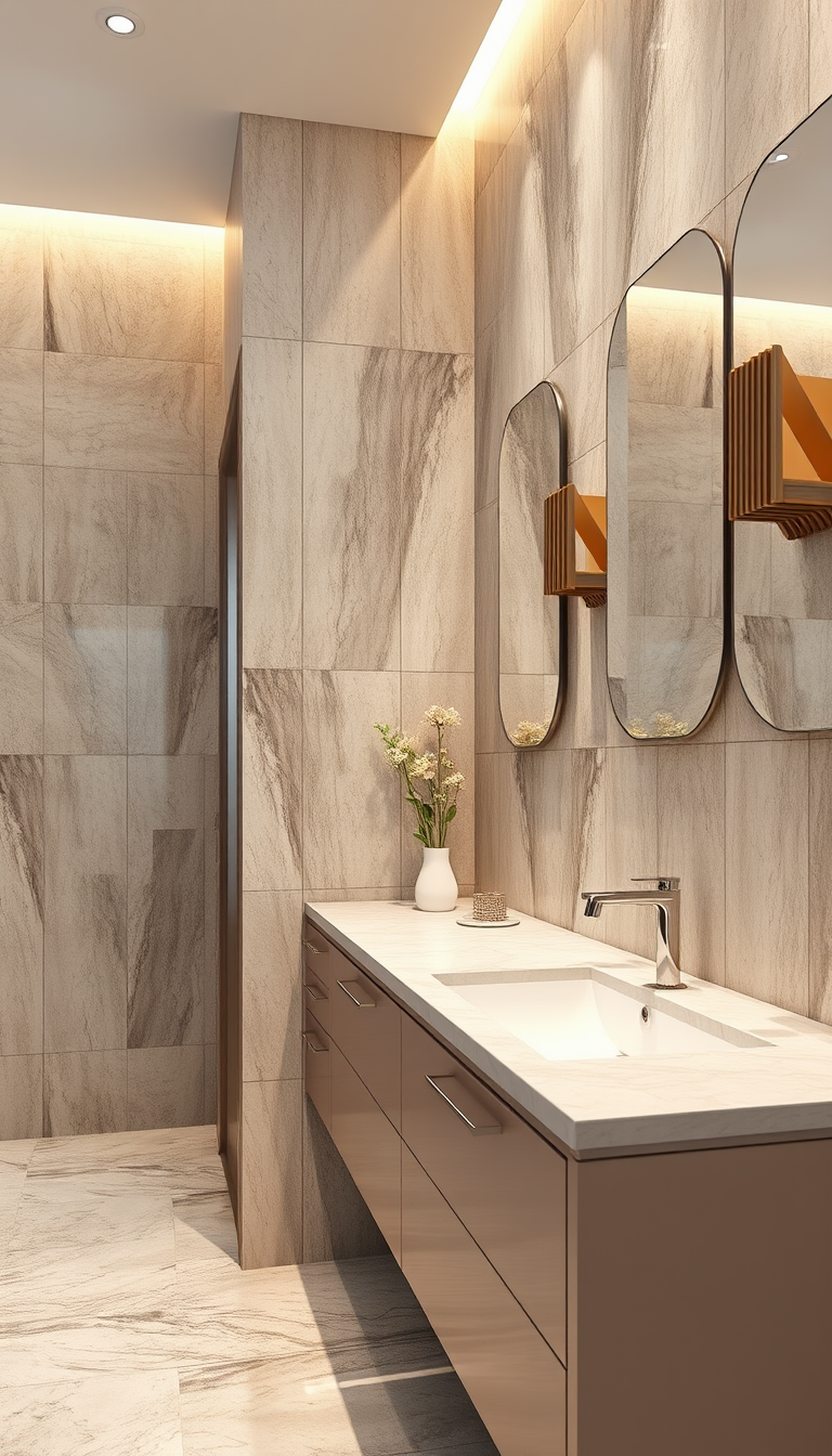 Bathroom Design idea: AI bathroom design, tiled surfaces vanity and fixtures, photorealistic interior render, 120x370 , bathroom remodel visualization