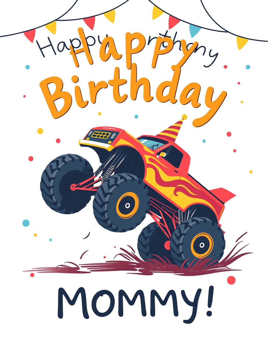 Birthday Cards idea: birthday card design, cheerful festive artwork, space for greeting, Happy birthday to mommy with monster truck doing a flip , printable birthday card