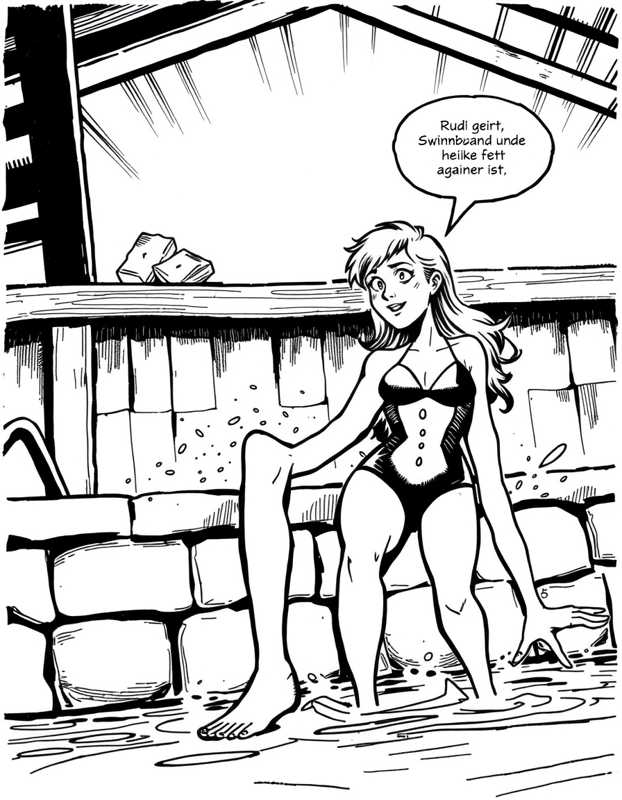 Comic Art idea: comic art, bold ink lines, halftone shading, dynamic composition, Rudi geht ins Schwimmbad und sieht heike die fett geworden ist , graphic novel illus