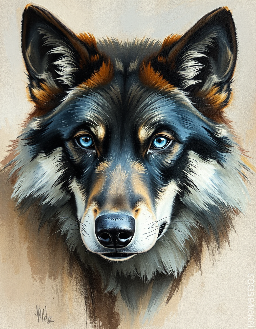 Photo To Paintings idea: painting from the photo, rich brushstrokes, painterly texture, un loup noir les yeux bleu peinture au peinture à l'huile très détaillée , fine-art pai