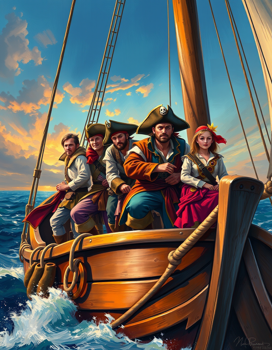 Main painting studio: Please generate a painting in the style of Leonid Afremov in bright and warm colors and without text in the painting, with the content: In pirate styl