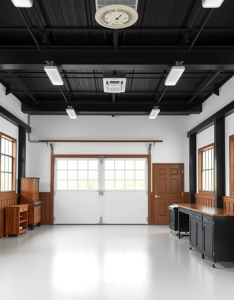Paint Color idea: room repainted in a new wall color from the photo, accurate paint finish, photorealistic interior render, 36' x 48' shop with black ceiling, white wal