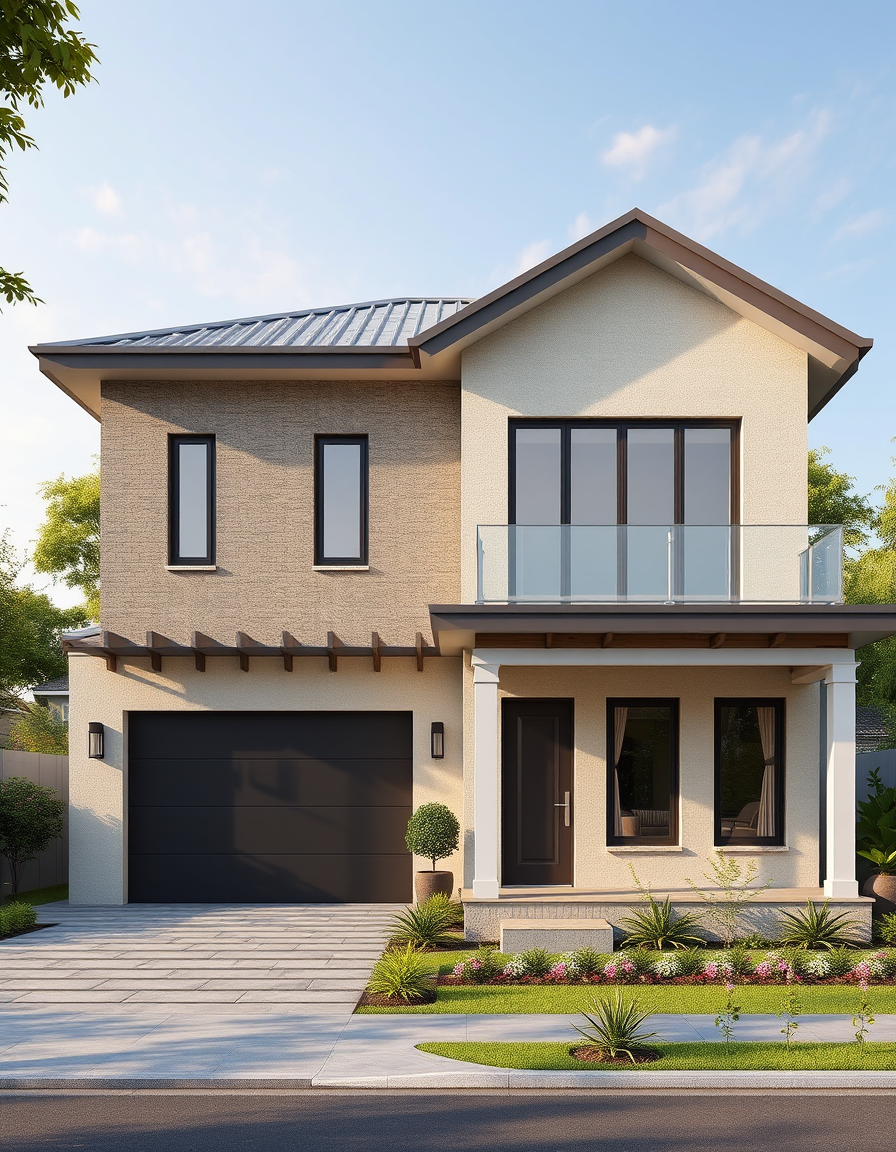 House Exterior Design idea: AI house exterior design, facade materials roofline and landscaping, photorealistic render, rectanlaur concreste base hollow with post beam aluminium 