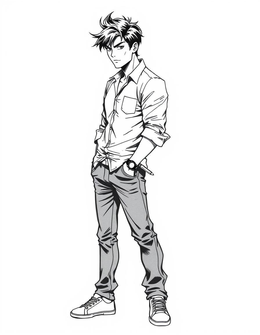 Comic Art idea: comic art, bold ink lines, halftone shading, dynamic composition, description: Hair: Messy, medium-short black hair Face: Sharp-ish jaw, Build: Slim a