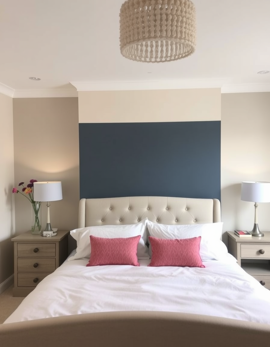 Main painting studio: paint a bedroom with these colours. Paint Large walls with St. Swithin fleetwood matt paint. Paint Chimney breast wall with Dulux 70YY 09/175 vinyl ma