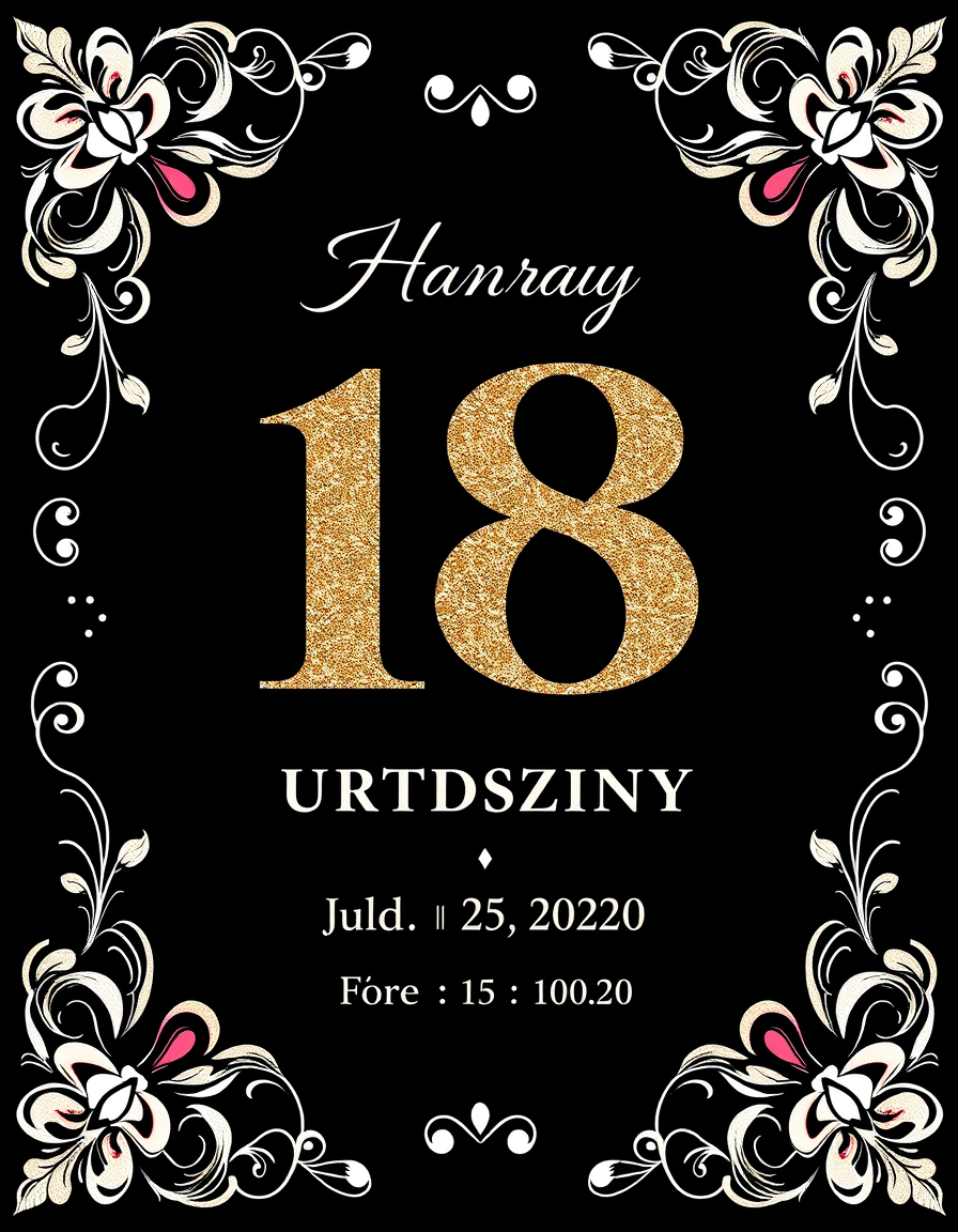 Invitation idea: party invitation design, festive layout, decorative border, space for event details, zaproszenie na 18 urodziny kolor złoto czarny , printable invitat