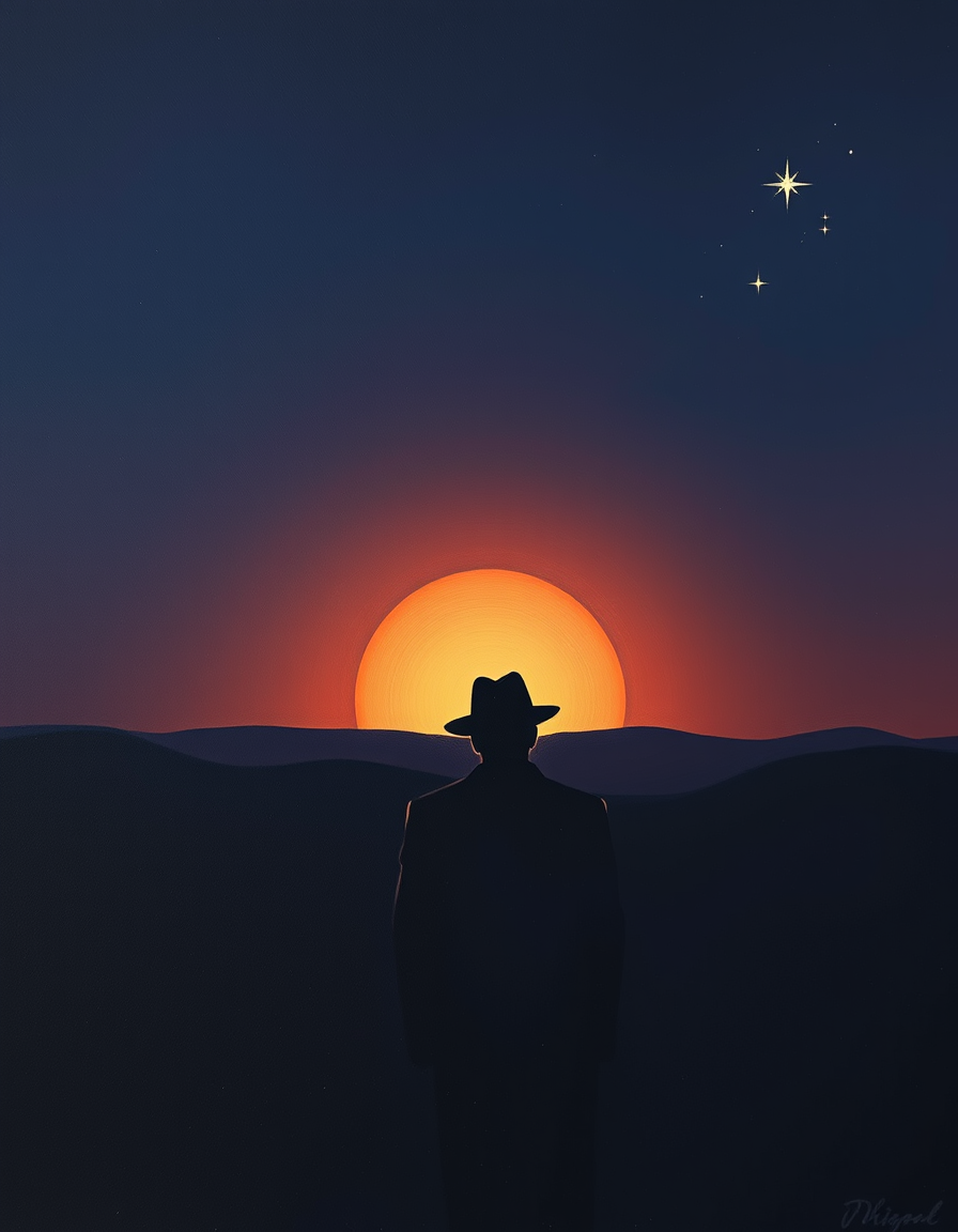 Book Covers idea: cover-ready concept art organized around genre, focal point, and title-safe space, deliberate composition, An oil painting finish of a dark indigo sky