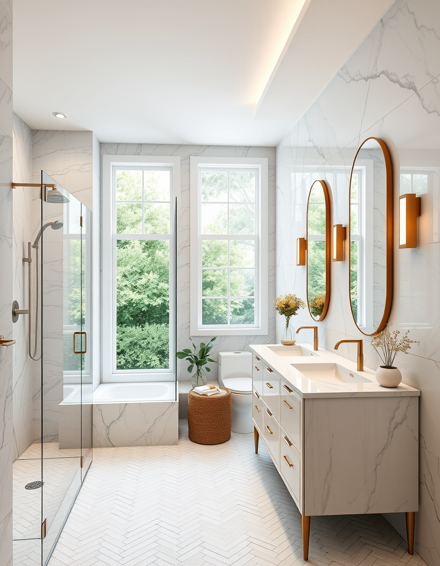 Bathroom Design idea: AI bathroom design, tiled surfaces vanity and fixtures, photorealistic interior render, luxury master bathroom with double vanity, herringbone marble,