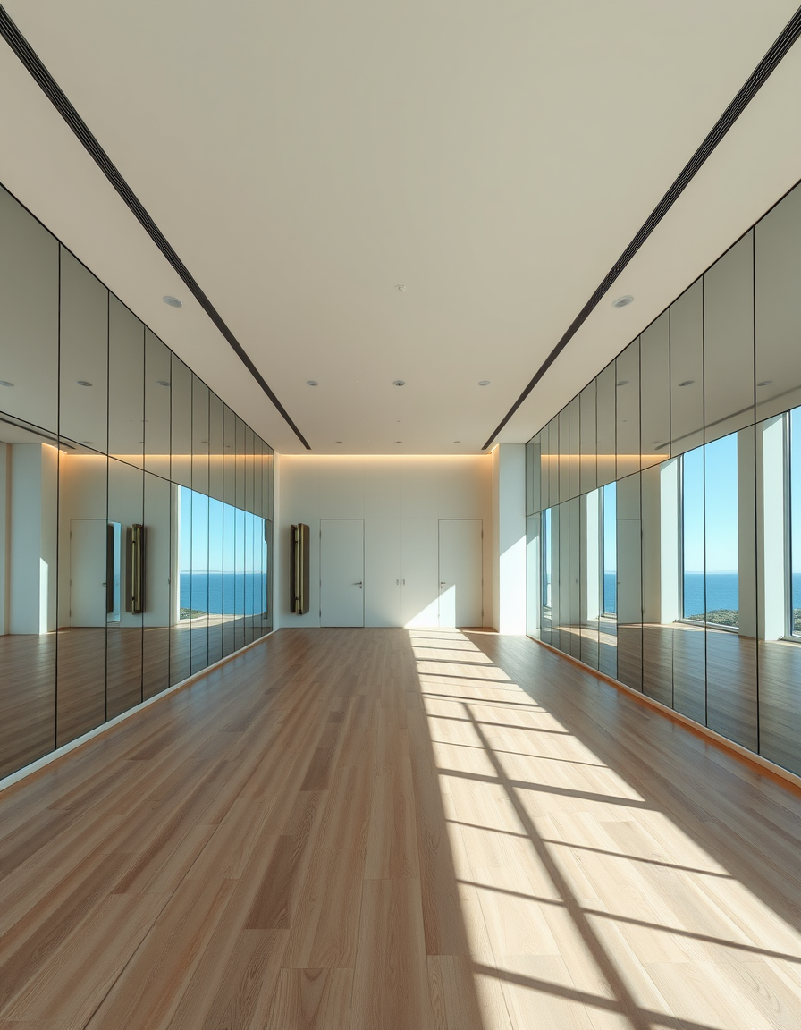 Main painting studio: Crée une photographie d'architecture intérieure ultra réaliste d'une salle polyvalente vide dans le club de luxe MARÉA, situé à Cannes, face à la mer