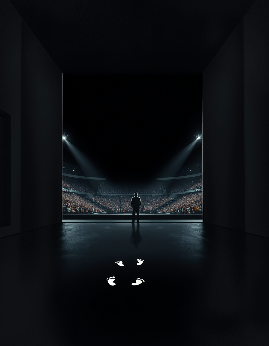 Book Covers idea: cover-ready concept art organized around genre, focal point, and title-safe space, deliberate composition, A black backstage corridor opening onto a b