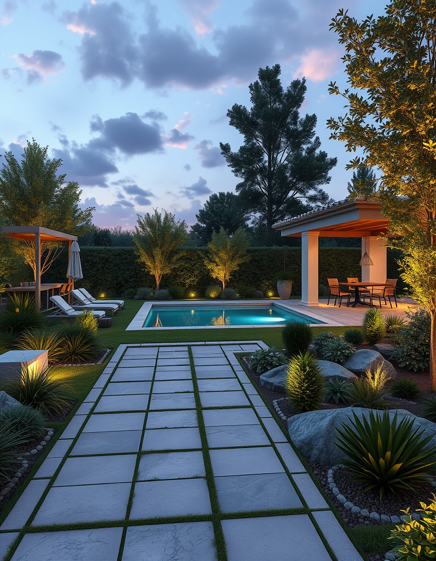 Landscape Design idea: AI landscape design, yard layout plants hardscape and lighting, photorealistic render, propose moi un jardin paysager méditerranéen avec cuisine d'été