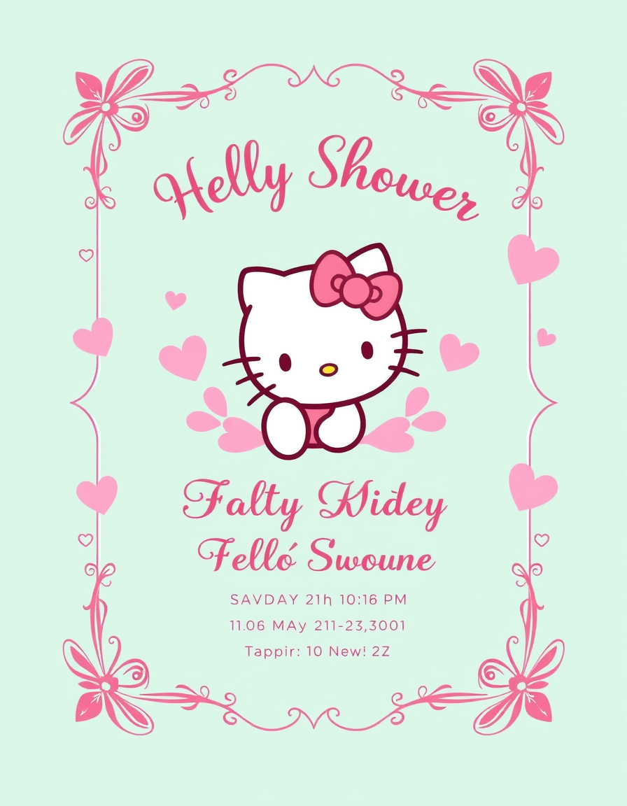 Invitation idea: party invitation design, festive layout, decorative border, space for event details, invitacion baby shower sophia nicole fondo rosa pastel hello kitt