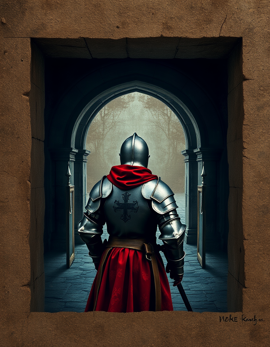 Book Covers idea: book cover composition, vertical 2:3 format, title-ready negative space at top, evocative subject, guerriero in armatura medievale visto da dietro dav