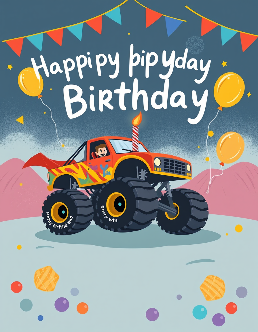 Birthday Cards idea: birthday card design, cheerful festive artwork, space for greeting, Jackson (2 year old) wants to wish his mom a happy birthday using monster truck im