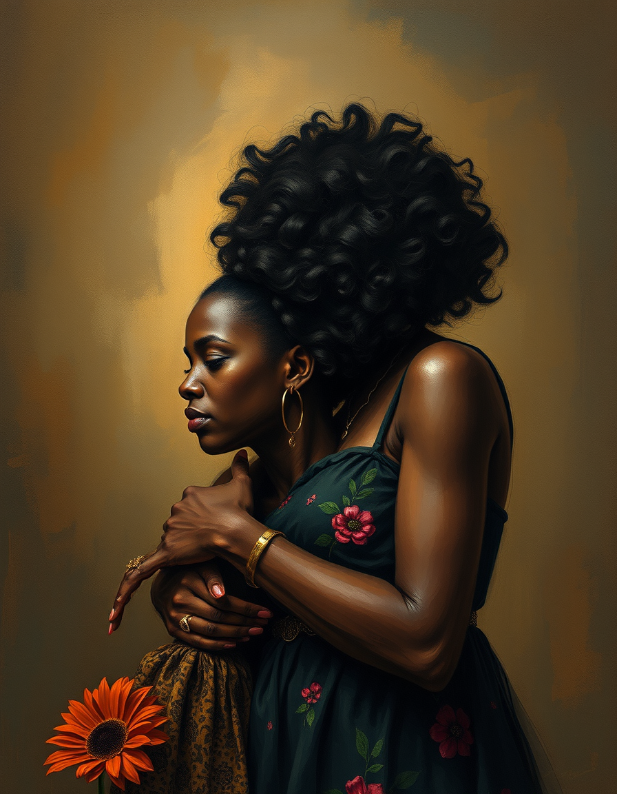 Main painting studio: Black Mother and daughter concept art that potrays the complex, challenging, intimate beautiful journey of motherhood