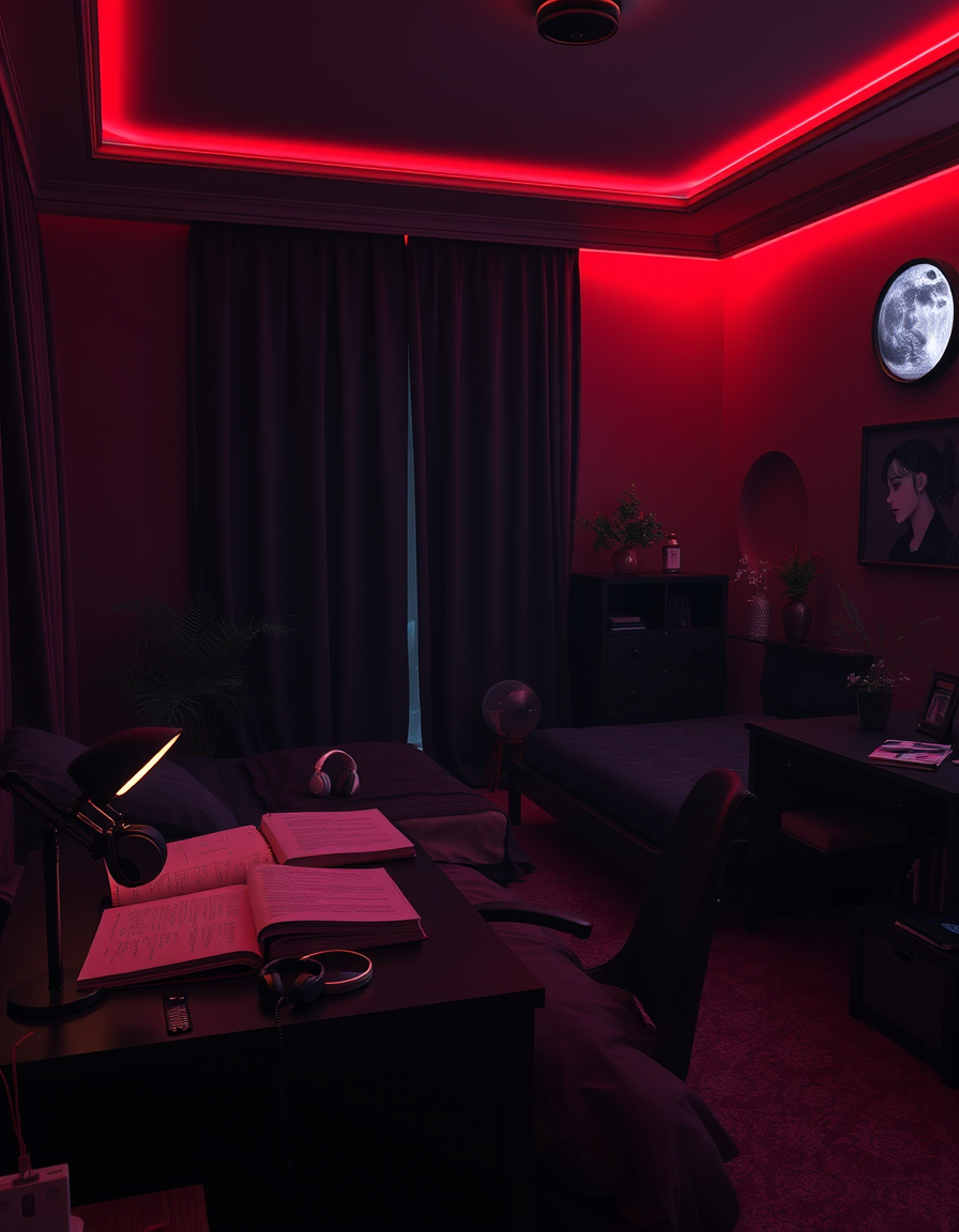 Room Design idea: AI room design, full room layout furniture and lighting, photorealistic interior render, Photorealistic dark cinematic bedroom, burgundy, black and de