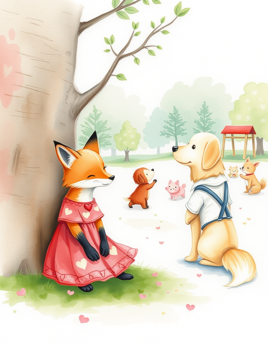 Watercolor idea: watercolor painting, soft transparent washes, wet-on-wet bleeds, paper texture visible, A shy and timid fox wearing a red dress with hearts is sitting