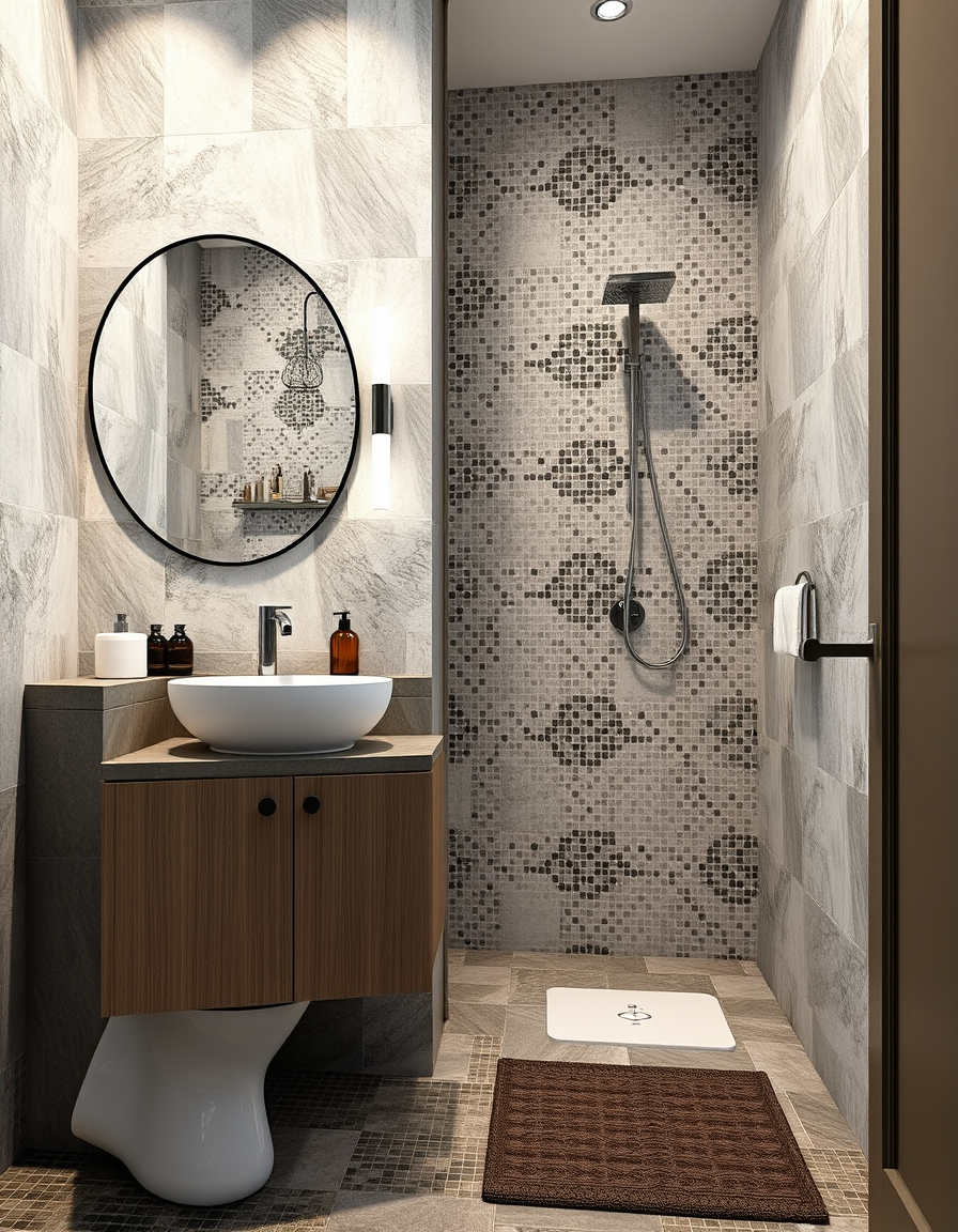 Bathroom Design idea: AI bathroom design, tiled surfaces vanity and fixtures, photorealistic interior render, Bathroom of 2.55 X 1.60 , bathroom remodel visualization