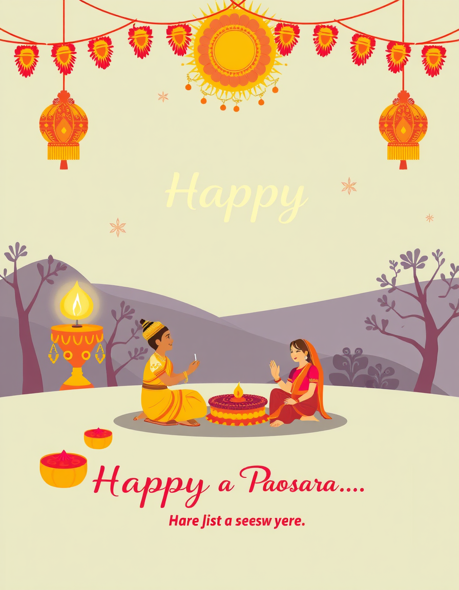 Greeting Card idea created from the prompt: greeting card design, warm illustration, space for message, Wish Happy Ayudha Pooja & Dasara , printable greeting card