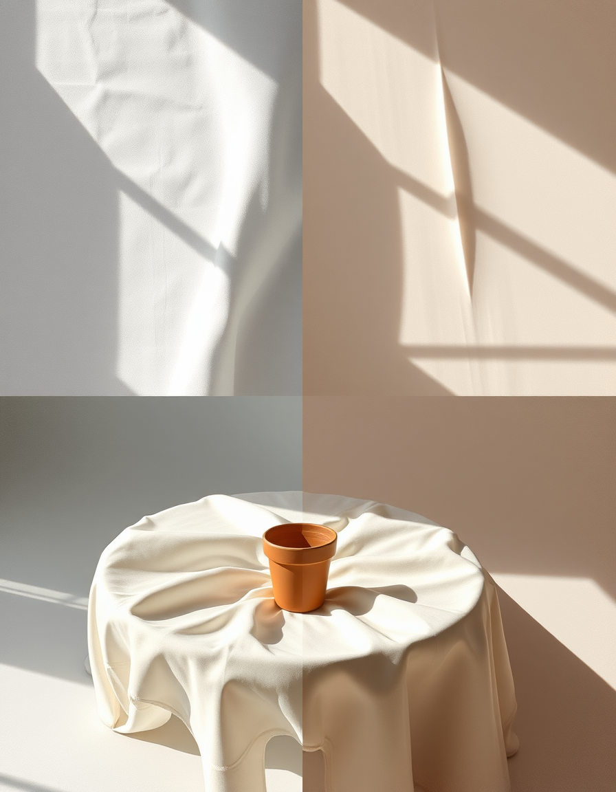 Main painting studio: Educational visual study of tablecloth folds, not a finished artwork. Show four simple stages of the same piece of fabric: broad fabric shapes and fol
