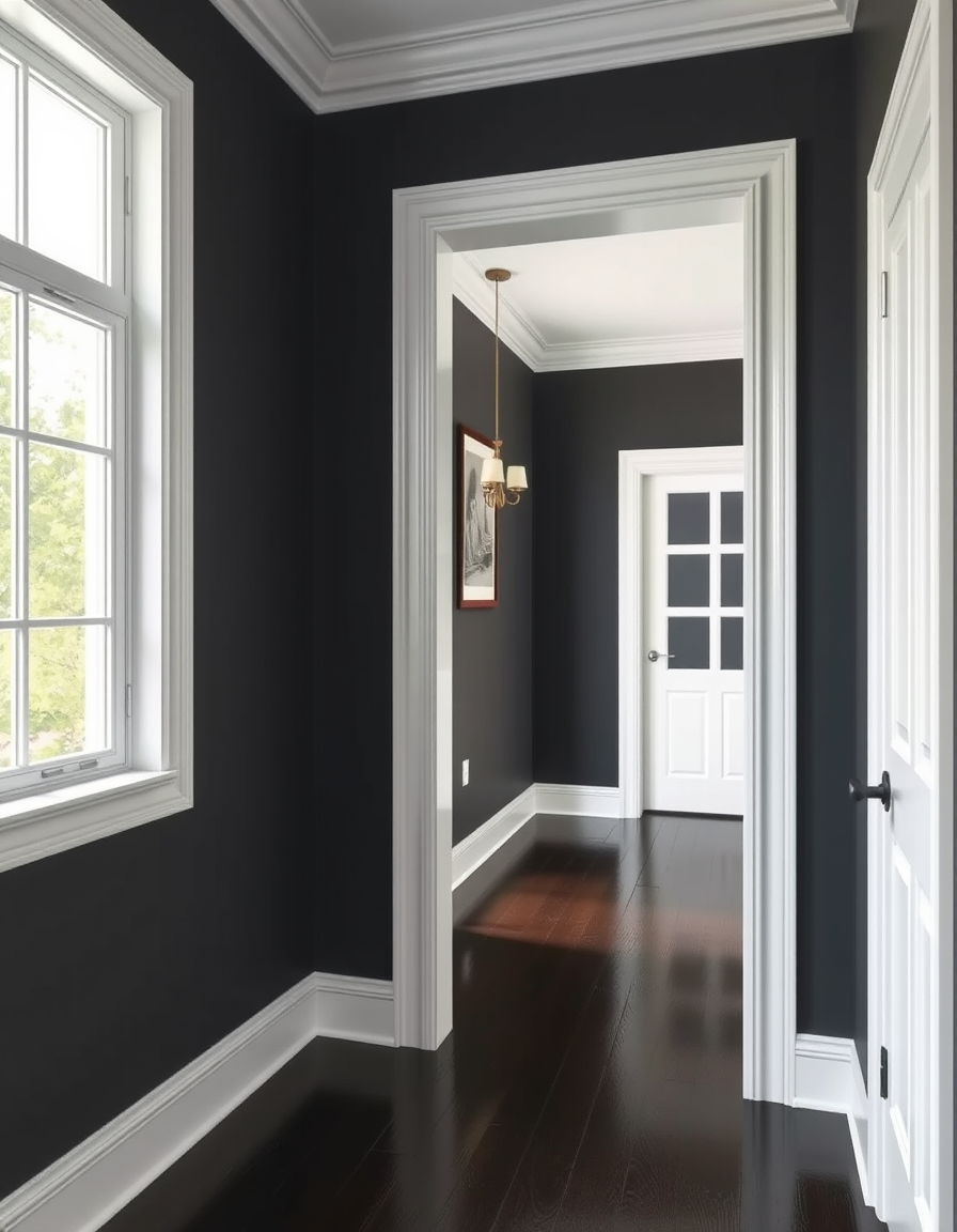 Paint Color idea: room repainted in a new wall color from the photo, accurate paint finish, photorealistic interior render, a hallway painted in deep charcoal with glos