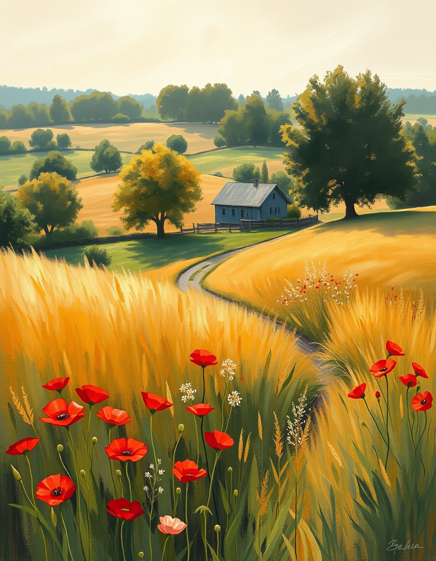 Main painting studio: impressionist country scene, fields, trees, poppies, summer light